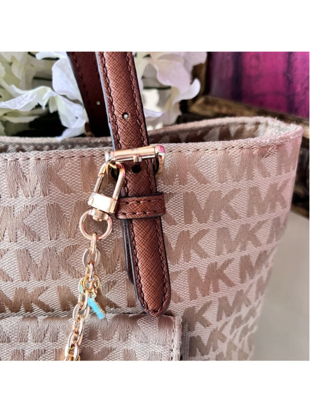 MICHAEL KORS JET SET TRAVEL SIGNATURE MEDIUM DOUBLE POCKET TOTE EUC